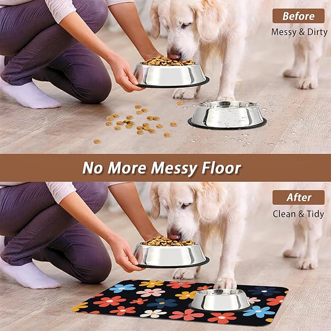 Abstract Groovy Flower Dog Food Mat for Floors,Absorbent Pet Food and Water Bowl Mats,Non-Slip Pet Feeding Mat,Pet Supplies 12" x 20"