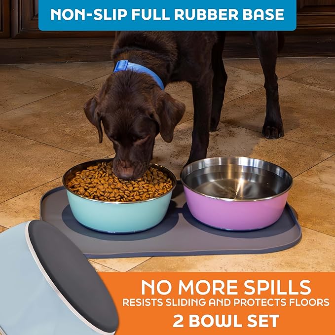 Master Pet Supply Stainless Steel Dog Bowls Set of 2 (64 Oz Each) with Non-Slip Rubber Base - Glacier Blue - Basic Dog Food Bowl Water & Food Bowls for Small Medium Large Dogs & Cats, Metal Dish
