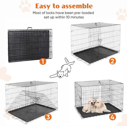 Sweetcrispy Dog Crate, 42 Inch Double Door Folding Metal Wire Dog Cage with Plastic Leak-Proof Pan Tray, Large XL Pet Kennel for Indoor, Outdoor, Travel
