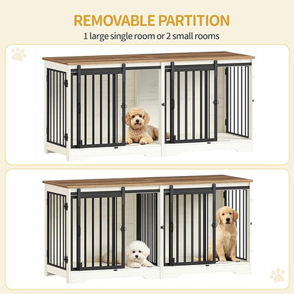 Hzuaneri 54" Dog Crate Furniture for 2 Dogs, Double Dog Cage with Divider, Wooden Heavy Duty Dogs Kennel, Pet Cage with Barn Door, TV Stand for Large Small Medium Pet, White Brown DFC88314B