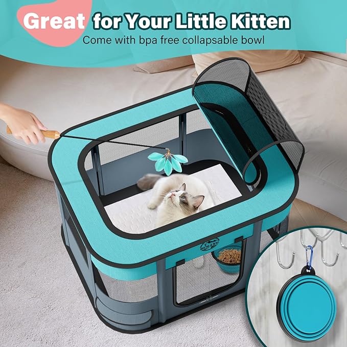 Puppy Playpen Cat Dog Crate: Play Pen Indoors Pet Playpens Portable Foldable Cage Kennel House for Medium Small Medium Kitten Rabbit Guinea Pig Hamster with Food Bowl (M)
