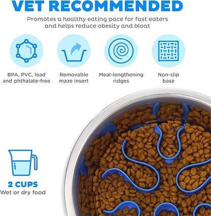 Outward Hound Fun Feeder Stainless-Steel Slo Bowl for Dogs – Medium 2‑Cup Capacity, Slow Feeding, Removable Puzzle Maze, Non-Slip, Fits Raised Feeding Platforms
