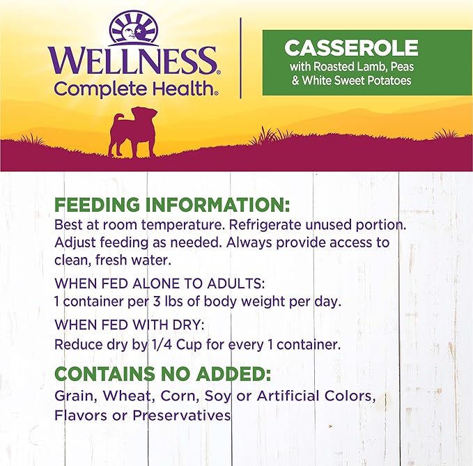 Wellness Petite Entrees Casserole Small Breed Adult Wet Dog Food, Grain Free, Natural, Roasted Lamb, Peas, and White Sweet Potatoes, 3 oz, Pack of 12 Cups