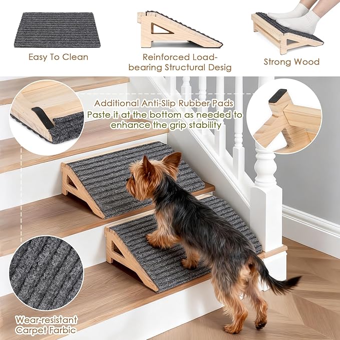 2-Pack Dog Ramp Stairs for Pets ups to 170lbs, Durable Anti-Slip Carpet Surface, Wooden Low-Angled Pet Ramp Assist for Injured & Aged Pets, Stairs Ramp for Small Dogs, No Assembly（Natural Solid Wood）