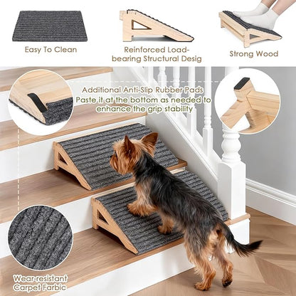 2-Pack Dog Ramp Stairs for Pets ups to 170lbs, Durable Anti-Slip Carpet Surface, Wooden Low-Angled Pet Ramp Assist for Injured & Aged Pets, Stairs Ramp for Small Dogs, No Assembly（Natural Solid Wood）