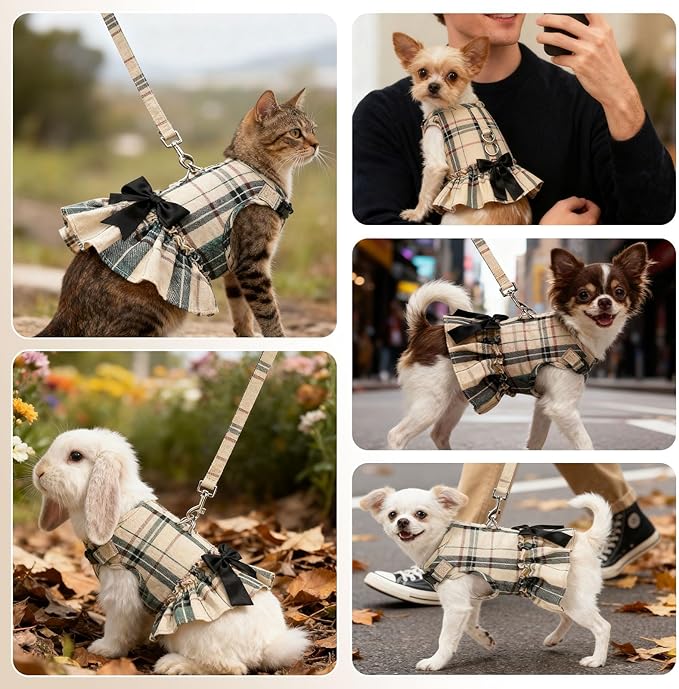 EXPAWLORER Dog Harness Small Medium Sized Dogs, Plaid Dog Dress Bowknot Harness and Leash Set, No Choke No Pull Soft Mesh Vest Cute Princess Puppy Outfits Clothes Costume for Girls Party Cats Beige S
