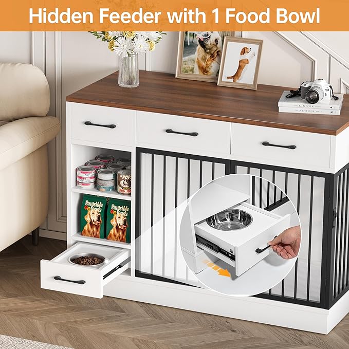OtterOasis Large Dog Crate Furniture, 47.2'' Dog Kennel Indoor with 3 Storage Drawers and Hidden Feeding Bowl, Sturdy Wooden Dog Crate with 2 Doors and Adjustable Shelf for Small, Medium Dogs