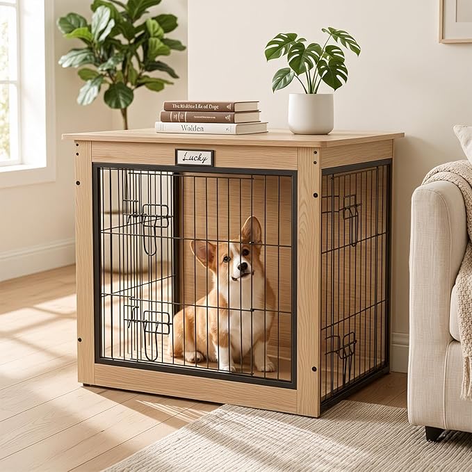 Oak Dog Crate Furniture with Reversible Side Door, Wooden Indoor Dog Kennel for Small Medium Dogs, End Table Dog Crate with Double Locks, Heavy Duty Steel Mesh Furniture Style Dog Cage