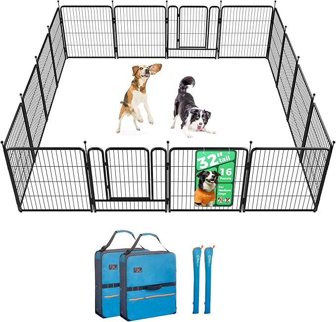 FXW Rollick Unleashed Dog Playpen for Indoor, Yard, RV Camping, 32 inch 16 Panels Dog Pen with Playpen Storage Bag (2 Packs) for Small and Medium Dogs, Black│Patented