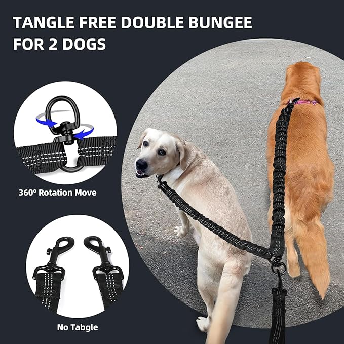 Uppetly Hands Free 2 Dog Running Leash with Waist Belt, Dual Handle Elastic Bungees Retractable Rope for Small and Medium Dogs, Reflective Stitches for Walking Hiking Biking (Small Blue, 8-25lb)