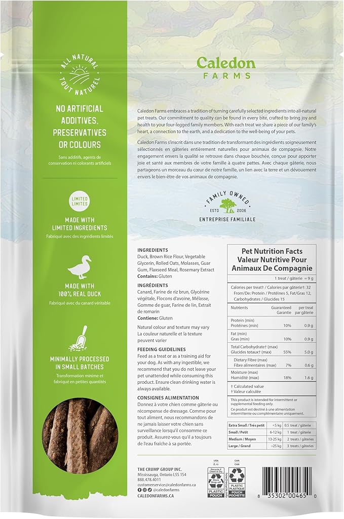 Caledon Farms Chewy Duck Sticks Dog Treats, No Additives, Preservatives Free, 7.76 Ounces
