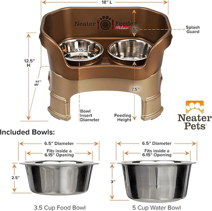 Neater Feeder Deluxe Mess-Proof Elevated Dog Bowls for Medium Dogs (19–40 lbs), 2 Height Adjustable (10” & 12.5”) No-Spill Raised Dog Bowl Stand, Stainless Steel Food Bowl Set, Made in USA, Bronze