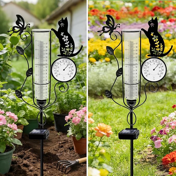 YJFWAL Cat Rain Gauge Outdoor, Decorative Metal Butterfly Solar Rain Gauge with LED Light and Thermometer, Garden Decor for Yard, Lawn, Pathway, Farm
