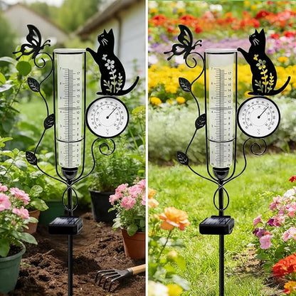 YJFWAL Cat Rain Gauge Outdoor, Decorative Metal Butterfly Solar Rain Gauge with LED Light and Thermometer, Garden Decor for Yard, Lawn, Pathway, Farm