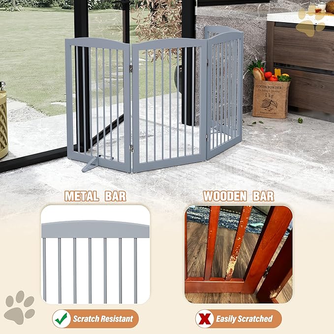PUPETPO Freestanding Pet Gate for Dogs, Indoor Wooden Dog Gate for House, Foldable Dog Gate for Doorway, Stair, Gates for Dogs Indoor, 80 Inch Wide, 4 Panels 32", Grey