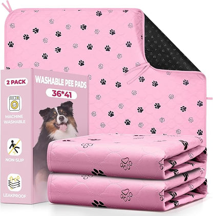 Fostanfly Washable Pee Pads for Dogs, 2 Pack Large 36"x41" Ultra-Absorbent and Leak-Proof Non-Slip Reusable Potty Training Pads for Dogs, Cats, Puppy, Potty of Add 8 Lanyards, Pink