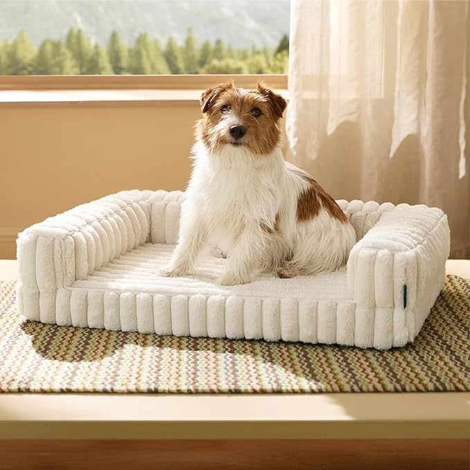 Bedsure ComfyFleece™ Orthopedic Dog Bed for Medium Dogs, Waterproof Memory Foam Medium Pet Beds with Sides, Non-Slip Bottom and Egg-Crate Foam Dog Couch Sofa with Washable Corduroy Cover, Cream