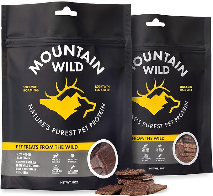 MOUNTAIN WILD Venison Jerky Training Treats for Dogs – Elk & Deer Meat Protein Dog Treat High-Value Reward – All-Natural, No Fillers, Grain-Free, No Artificial Preservatives – 8 oz (2 Pack)