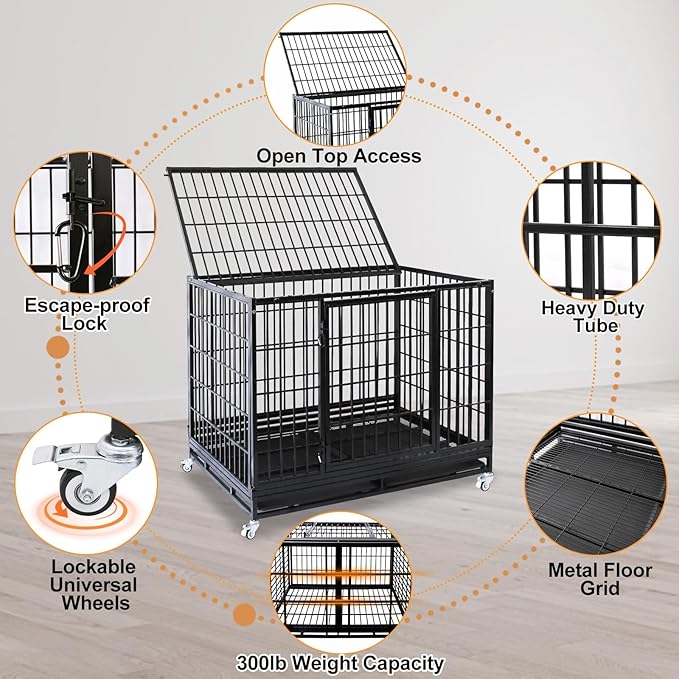 Heavy Duty Dog Crates for Large Dogs, Homey Pet 47 Inch Stackable Large Dogs Cage Kennel Indoor with 4 Lockable Wheels, 2 Trays, Metal Grids, Double Doors, Big Metal Wire Dog Crate