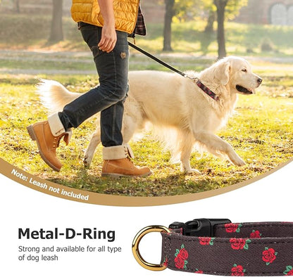 Cotton Handmade Dog Collar Cute and Distinctive Patterns Black Rose with Pendant for Girl Boy Dogs Collars L