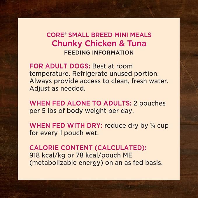 Wellness CORE Small Breed Mini Meals Chunky in Gravy Adult Wet Dog Food, Grain Free, Natural, Chicken and Tuna Dinner Recipe, 3 oz, Pack of 12 Pouches
