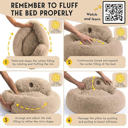 PetJett Calming Medium Dog Bed - 30'' Round Dog Beds, Anti-Slip & Washable Super Soft Fluffy Plush Donut Bed, Anti-Anxiety Premium Comfort Pet Bed, Fits Dogs up to 45 lbs - Beige