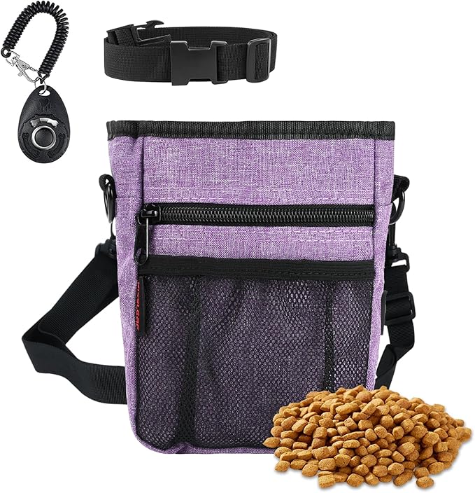 kissleaf Dog Treat Pouches for Pet Training with Magnetic Closure Treat Pouches for Pet Training,Large Dog Treat Training Pouch and Dog Clicker,Training Treat Pouch Built-In Poop Bag Dispenser-Purple.