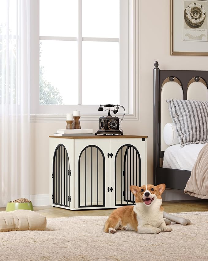 Hzuaneri 26.8'' Wooden Dog Crate Furniture, Indoor Dog Kennel Dogs Cage for Small Dogs, Heavy Duty Dog Crates Decorative Pet House End Side Table TV Stand, White Brown DFC85514B