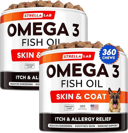 STRELLALAB Fish Oil Omega 3 6 9 Chews for Dogs - Allergy and Itch Relief - Flea and Tick Chews for Dogs - Skin and Coat Supplement - Shedding, Itchy Skin Relief - 170Ct - Chicken Liver