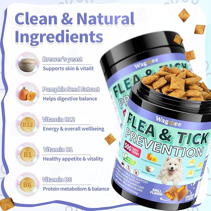 Flea and Tick Prevention for Dogs Chewables – 500 Crunchy & Creamy Tasty Chews, Natural Dog Flea and Tick Treatment Chewable, Oral Flea Chews Supplement for Dogs Puppies, All Breeds & Ages, Chicken