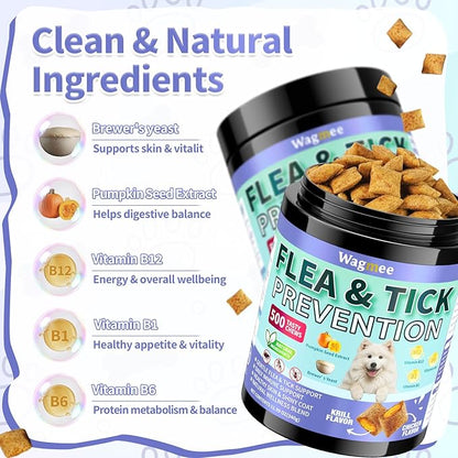 Flea and Tick Prevention for Dogs Chewables – 500 Crunchy & Creamy Tasty Chews, Natural Dog Flea and Tick Treatment Chewable, Oral Flea Chews Supplement for Dogs Puppies, All Breeds & Ages, Chicken