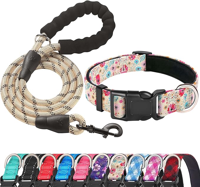 Ladoogo Reflective Dog Collar Padded with Soft Neoprene Breathable Adjustable Nylon Dog Collars for Small Medium Large Dogs (Medium (Pack of 1), Vanila/Pink Floral Collar+Leash)