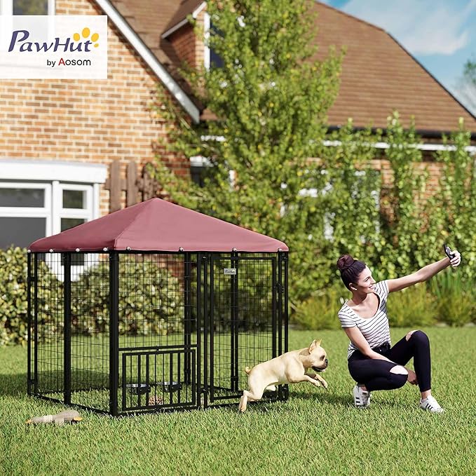 PawHut 4.6' x 4.6' x 5' Outdoor Dog Kennel, Welded Wire Dog Kennel Outside Run with 360° Rotating & 4 Level Adjustable Bowls, Waterproof & UV Resistant Cover, for S&M Breeds, Chickens, Ducks, Red