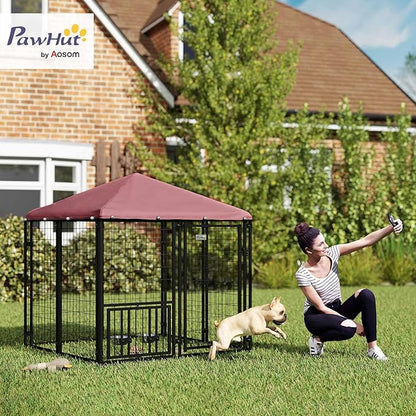 PawHut 4.6' x 4.6' x 5' Outdoor Dog Kennel, Welded Wire Dog Kennel Outside Run with 360° Rotating & 4 Level Adjustable Bowls, Waterproof & UV Resistant Cover, for S&M Breeds, Chickens, Ducks, Red