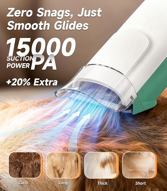 buenkee Dog Grooming Kit with Vacuum, 15000Pa Pet Hair Clipper and Shedding Brush, 50dB Low Noise, 2L Capacity, White