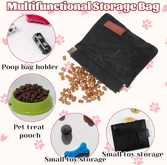 2 Pcs Dog Treat Pouch Hand Free Pet Training Pouch Canvas Training Bag with Carabiner Portable Pet Dog Walking BagSelf-Closing Pets Feed Snack Reward Behavior Aids for Puppy Travel Outdoor Pink Black
