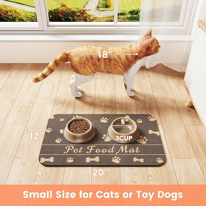 Pet Feeding Mat-Absorbent Pet Placemat for Food and Water Bowl, with Waterproof Rubber Backing, Quick Dry Water Dispenser Mat for Dog and Cat (20"x12", Brown)