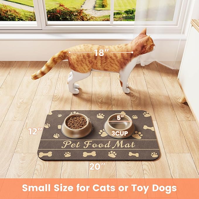 Pet Feeding Mat-Absorbent Pet Placemat for Food and Water Bowl, with Waterproof Rubber Backing, Quick Dry Water Dispenser Mat for Dog and Cat (24"x16", Brown)
