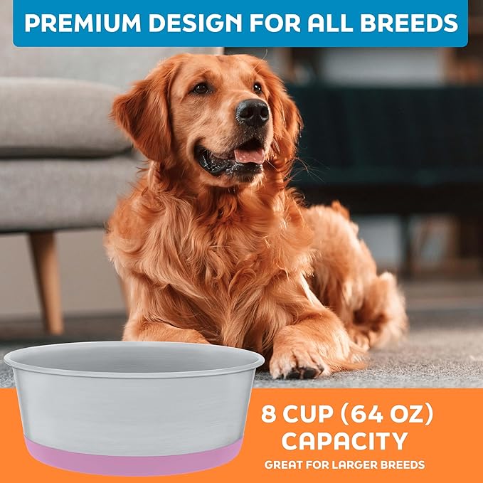 Master Pet Supply Stainless Steel Dog Bowls Set of 2 with Extra Thick Silicone Base - 8 Cup (64 oz) Hyper Pink, Non-Slip, Dishwasher Safe Metal Bowls, Pet Dog Food Bowl for Dogs, Cats, Anti Rust