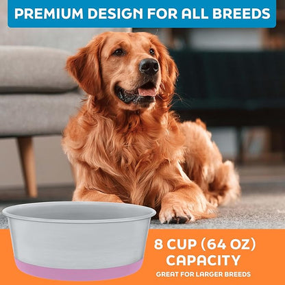 Master Pet Supply Stainless Steel Dog Bowls Set of 2 with Extra Thick Silicone Base - 8 Cup (64 oz) Hyper Pink, Non-Slip, Dishwasher Safe Metal Bowls, Pet Dog Food Bowl for Dogs, Cats, Anti Rust