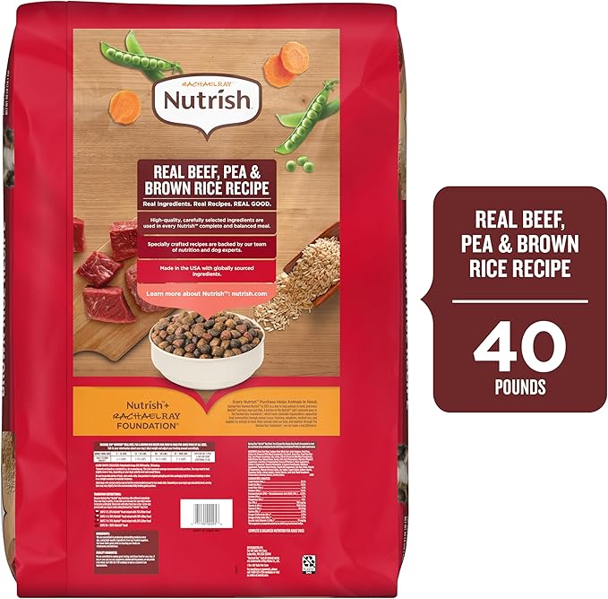 Nutrish Rachael Ray Adult Dry Dog Food Real Beef, Pea & Brown Rice Recipe, 40 lb. Bag (Packaging May Vary)