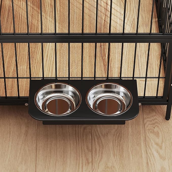 PawHut Dog Crate Furniture with Rotating Bowls, 30 Inch Pet Kennel Furniture End Side Table with 2 Doors, Top Storage Shelf, for Indoor Medium Dogs, Oak