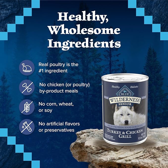 Blue Buffalo Wilderness Natural High Protein Wet Food for Senior Dogs, Turkey & Chicken, 12.5-oz Cans, 12-Count