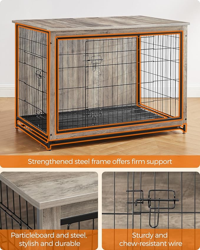 Feandrea 44.1" Dog Crate Furniture, Indoor Dog Cage Side End Table, XL Pet Wood Kennel for Large and Medium Dogs up to 80 lb with Multi-Purpose Removable Tray, Double-Door Pet House, Greige
