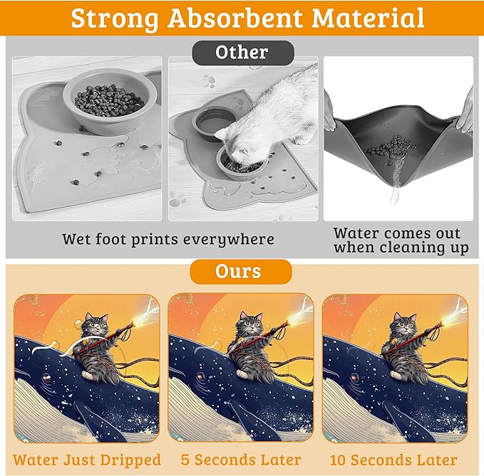 Dog Bowl Mat,Cat Shark Pet Feeding Mat for Floors Waterproof,Ocean Wave Absorbent Dogs Placemat for Food and Water Quick Dry Pet Cat Feeding Mats with Non Slip Bottom 16" x 24"