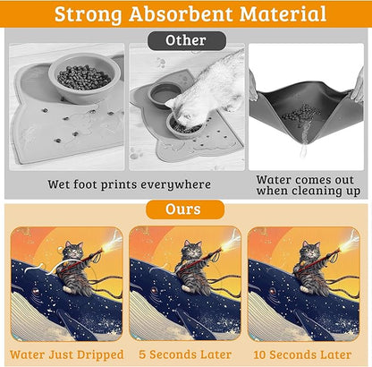 Dog Bowl Mat,Cat Shark Pet Feeding Mat for Floors Waterproof,Ocean Wave Absorbent Dogs Placemat for Food and Water Quick Dry Pet Cat Feeding Mats with Non Slip Bottom 16" x 24"
