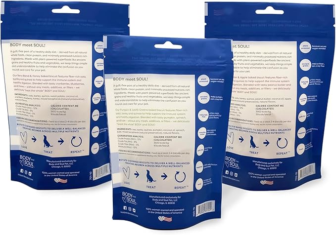 Body and Soul Superfood Crunchy Premium Health Training Dog Treat Variety 3Pk, Peanut Butter Apple, Pumpkin Leafy Green, Berry Blend Honey Clean Plant Protein Biscuit Oven Baked Ancient Grain Made USA