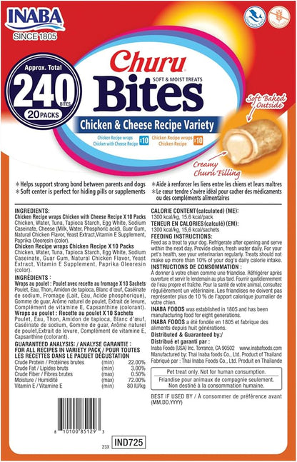 INABA Churu Bites for Dogs, Soft & Chewy Dog Treats with Vitamin E, 0.42 Ounces Each Tube, 20 Tubes, Chicken & Cheese Variety Box