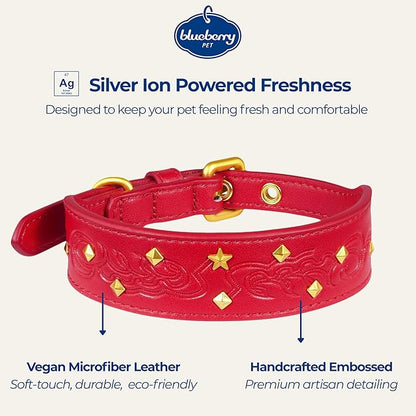 Blueberry Pet Premium Embossed Red Glam Silver-Powered Freshness Microfiber Leather Dog Collar with Gold Studs