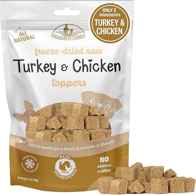 Fieldcrest Farms Freeze-Dried Raw Turkey & Chicken Dog Food Toppers or Treats, All Natural Real Ingredients, No Additives or Fillers, Protein & Flavor Boost, 12 oz